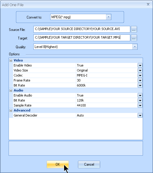 Set up the output MPG filename and any additional audio video settings customized by MyVideoConverter.
