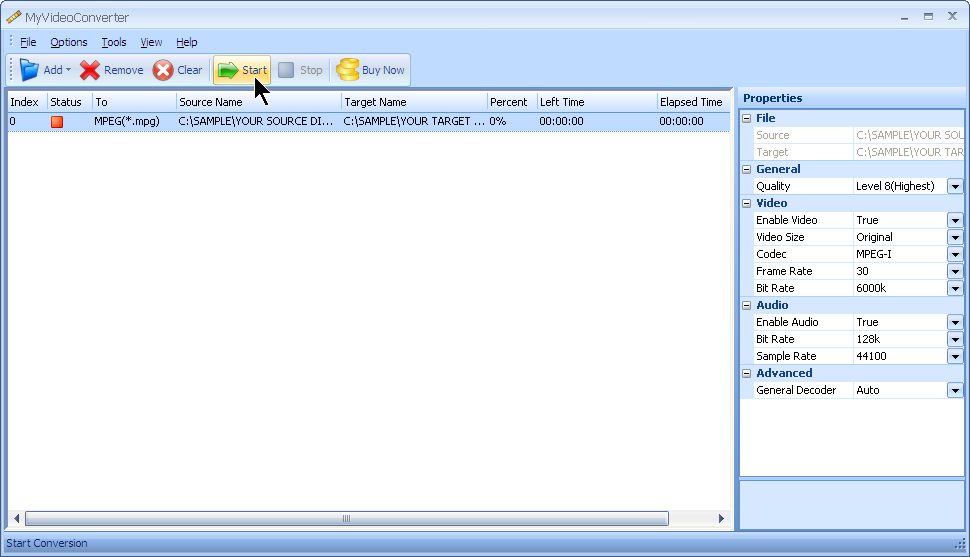 Press start to convert your AVI file to MPG file format with MyVideoConverter.