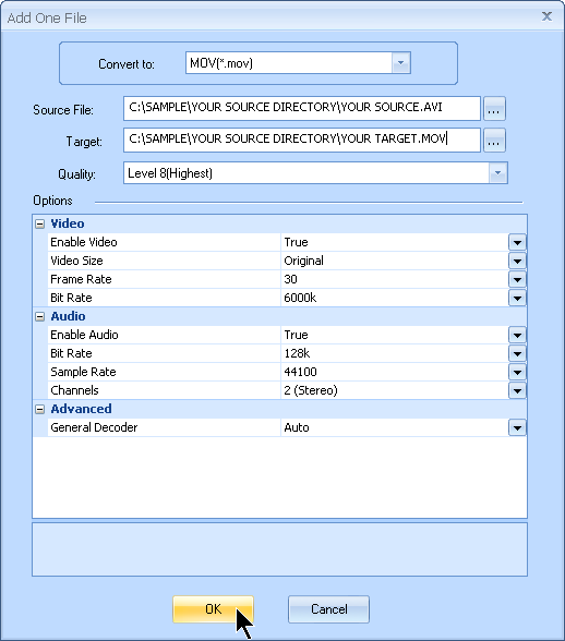 Set up the output MOV filename and any additional audio video settings customized by MyVideoConverter.