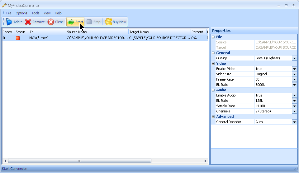 Press start to convert your AVI file to MOV file format with MyVideoConverter.