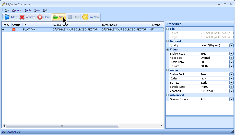 Press start to convert your AVI file to FLV file format with MyVideoConverter.