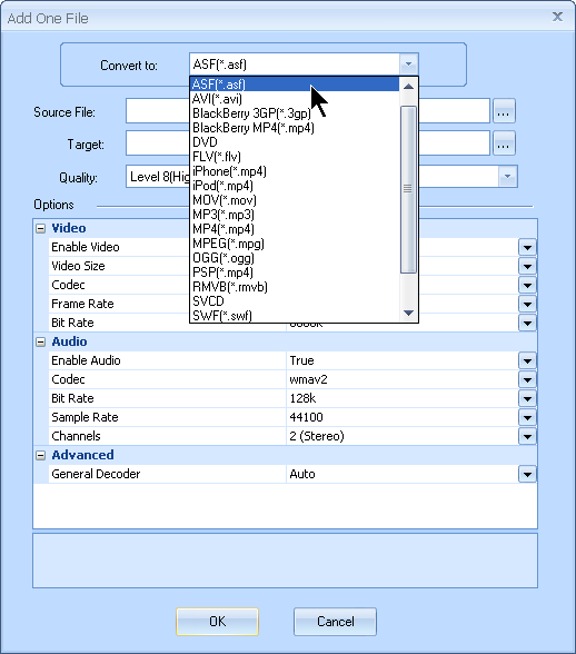 Choose ASF as the output format in MyVideoConverter.