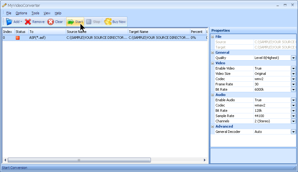 Press start to convert your AVI file to ASF file format with MyVideoConverter.