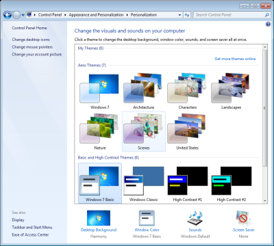 Personalization screen in Windows 7 control panel.