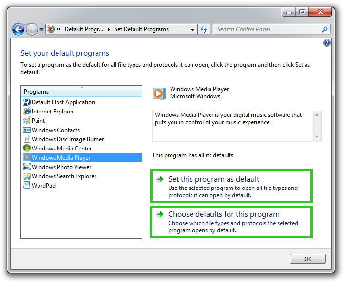 Set Default Programs panel screenshot