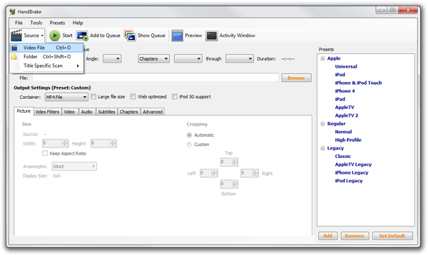 HandBrake open source file window