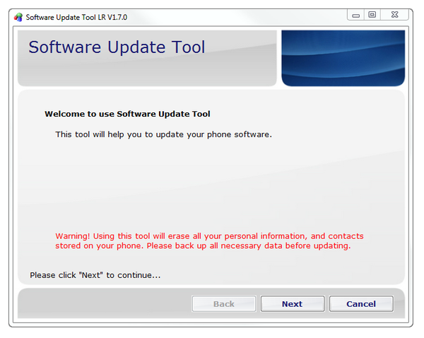 Software Update Tool LR main screen