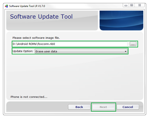 Software Update Tool LR settings window