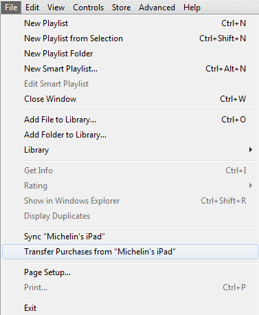 Apple iTunes file menu