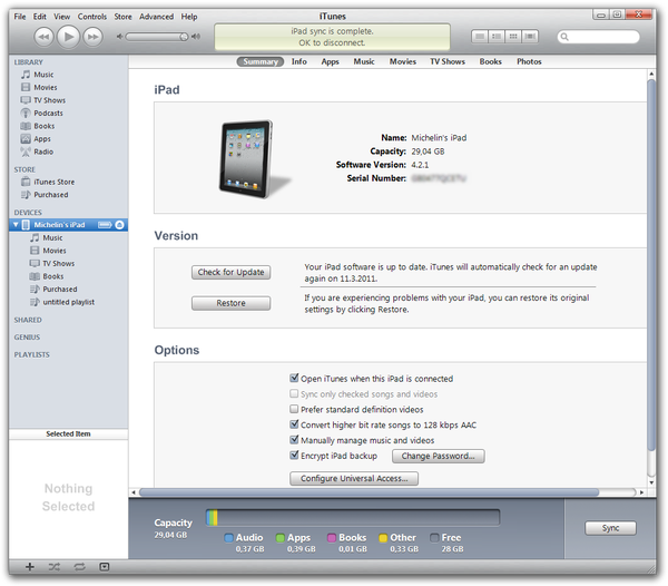 Apple iTunes manage device window