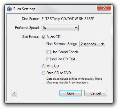 Apple iTunes Burning settings