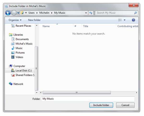 Windows Library Include Folder window