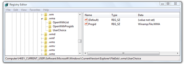 Microsoft Windows Registry Editor .wma settings