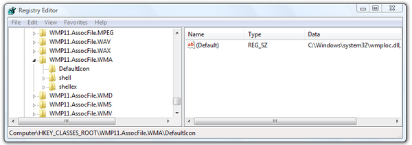 Microsoft Windows Registry Editor default icon settings