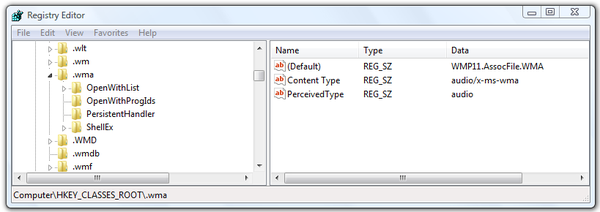 Microsoft Windows Registry Editor .wma registry key