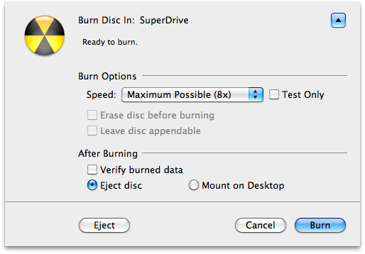 Apple Disk Utility burning options