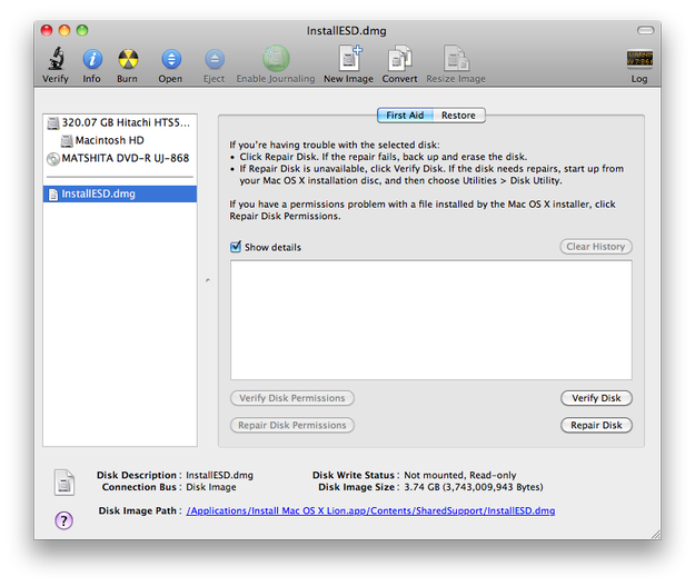 InstallESD.dmg file in Apple Disk Utility