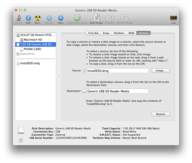 Apple Disk Utility all settings for USB Lion flash disk are finished