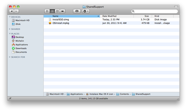 InstallESD.dmg file in the Mac OS X Lion installation application