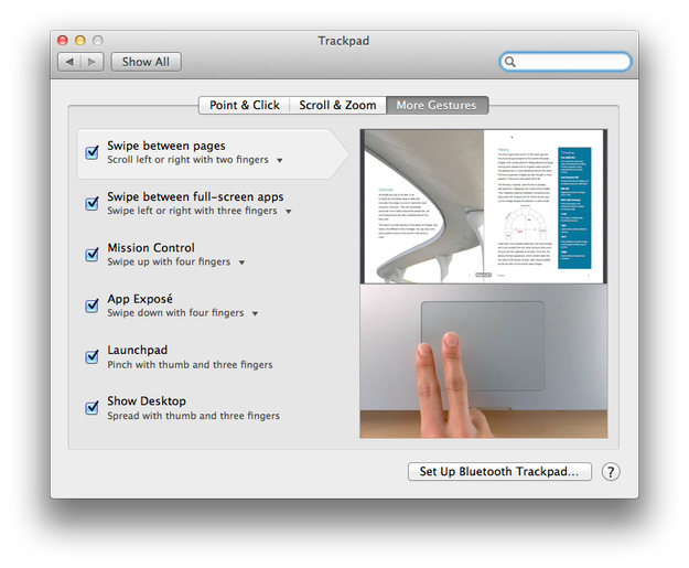 Mac OS X Lion multi-touch gestures settings