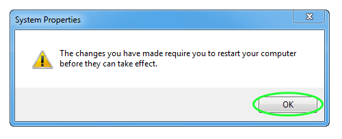 Windows warning window reminding the user that changes will be applied after reboot.