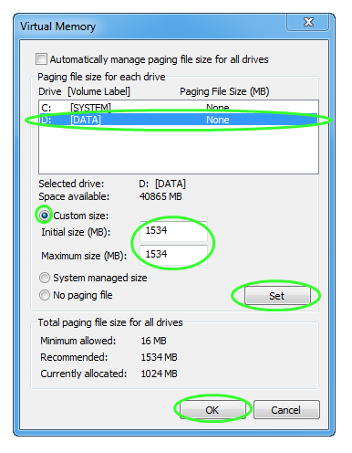 Changing pagefile.sys to another partition and defining its settings.
