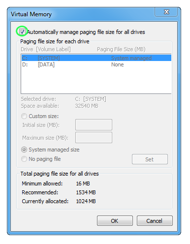 Reverting of virtual memory settings to default automatically managed settings.