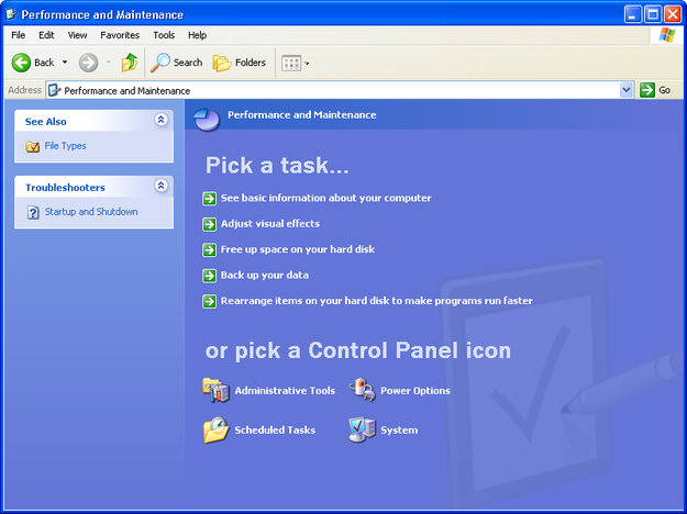 Windows XP Control Paner Performance and Maintenance