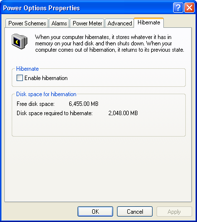 Windows XP power options properties