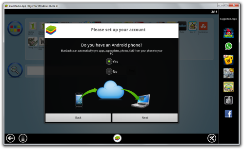 Screenshot of Android Synchronization window in BlueStacks App Player.