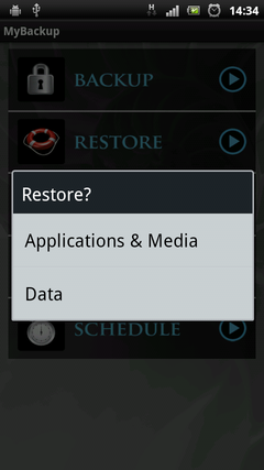 MyBackup Pro select data to restore