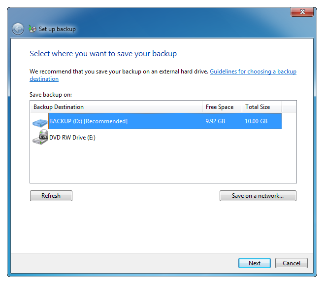 Windows 7 Backup select disk