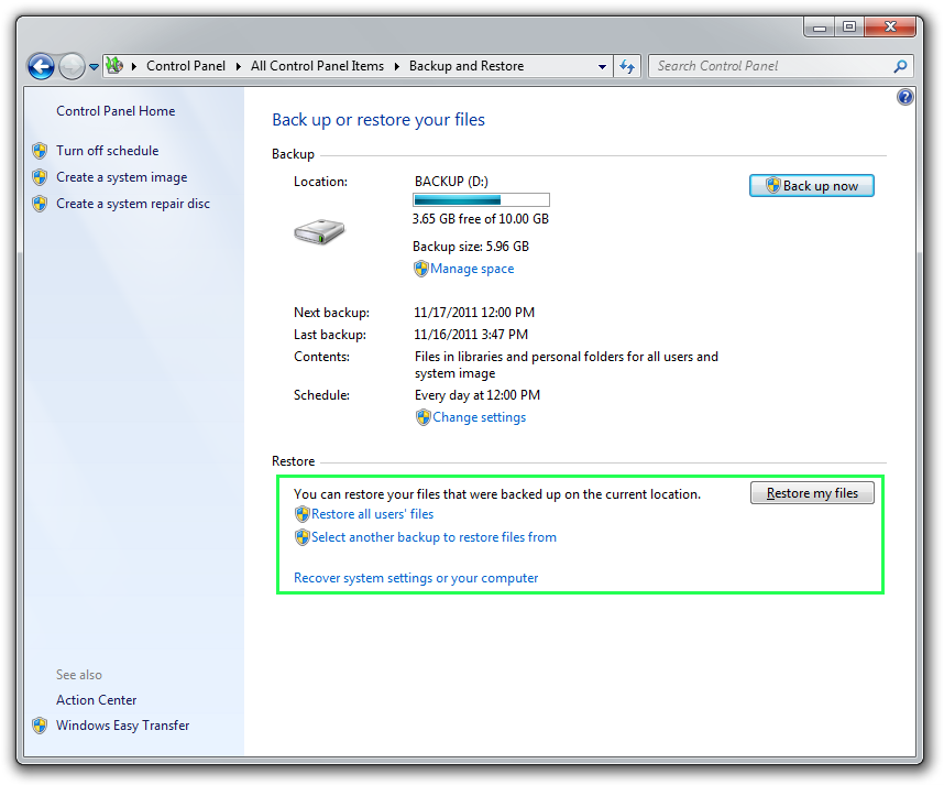 Windows 7 backup restoring option