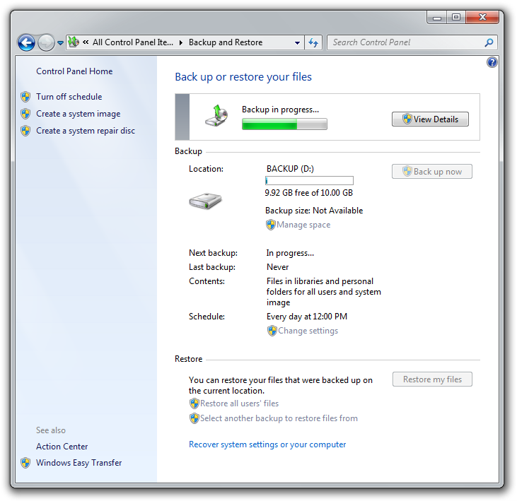 Windows 7 backup perform