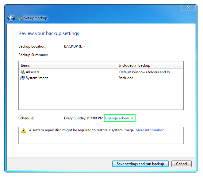 Windows 7 Backup run backup