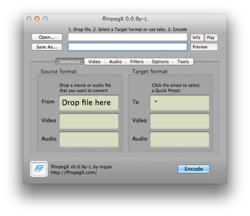 ffmpegX for Mac startup screenshot.