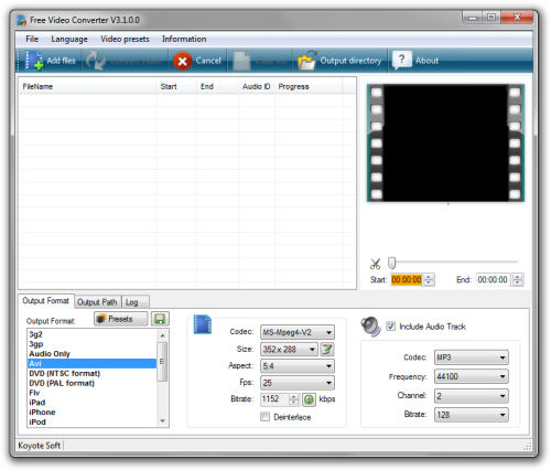 Koyote Free Video Converter for Windows startup screenshot.