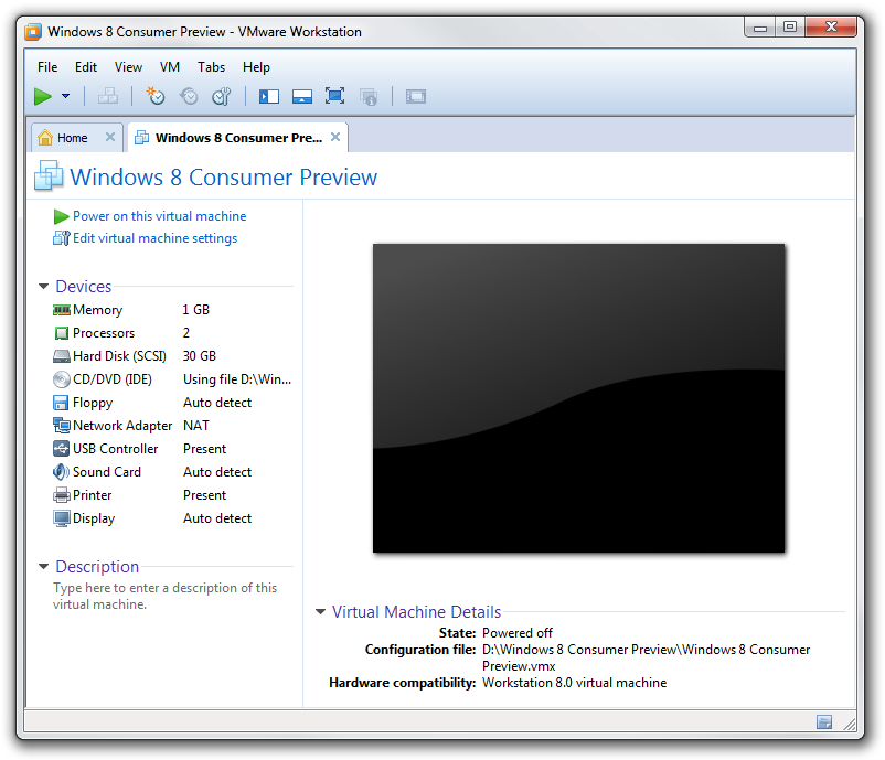 Windows 8 consumer Preview virtual machine ready to be launched.