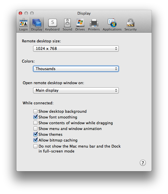 Remote Desktop Connection for Mac settings screenshot.