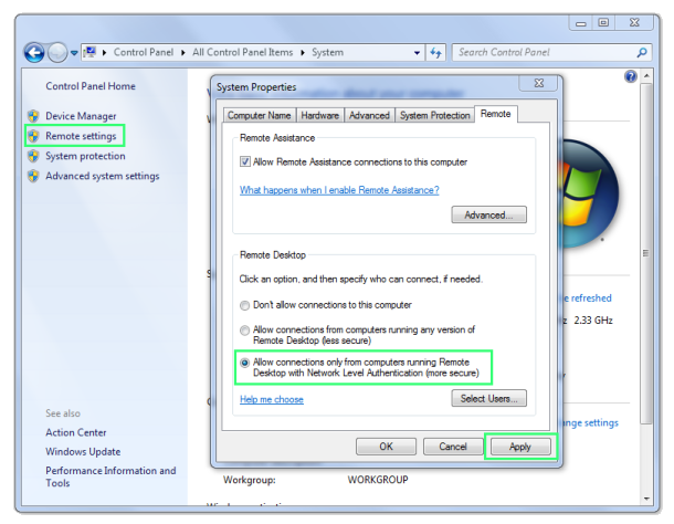 Windows 7 Remote Settings control panel screenshot.