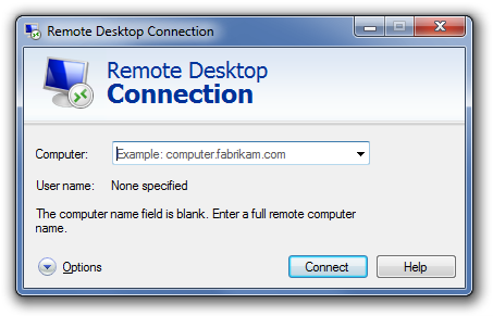 Windows 7 Remote Desktop Connection window screenshot.
