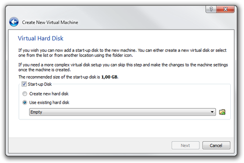 VirtualBox Wizard virtual hard disk settings