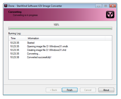 Starwind Software V2V image converter conversion finished