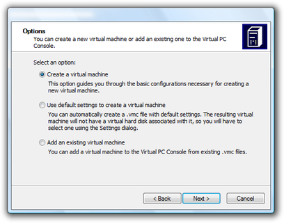 Microsoft Virtual PC Wizard new virtual machine