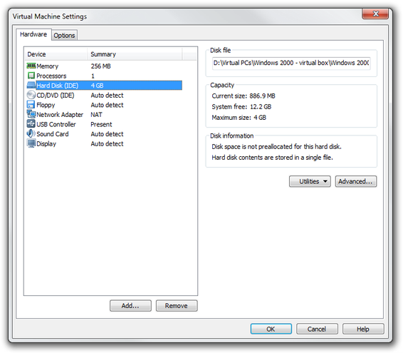 VMware Player virtual disk settings