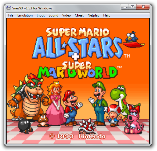 Screenshot of Super Mario All Stars + Super Mario World video game emulated using Snes9x.
