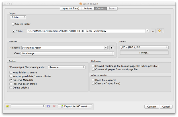 XnView MP for Mac batch processing Output settings