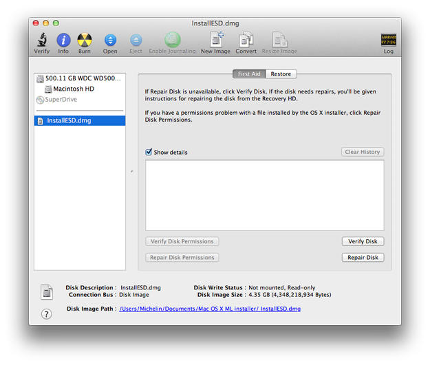 Apple Disk Utility open Mountain Lion installation image