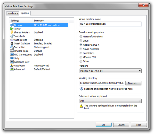 VMware virtual machine settings for Mac OS X
