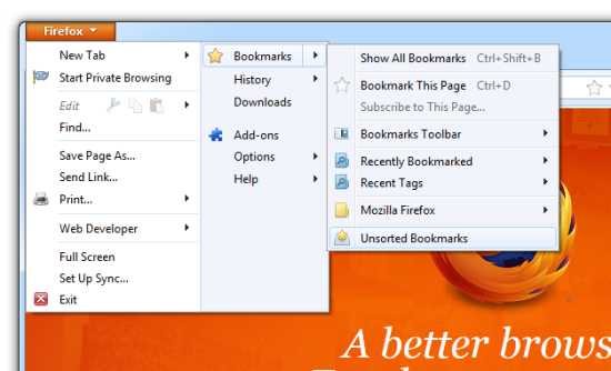 Firefox bookmarks menu.